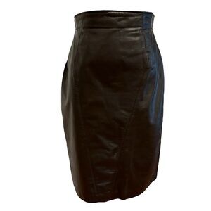90s CHOCOLATE LEATHER TAILORED PENCIL MIDI SKIRT MINIMALIST W SNAP UP VENT S